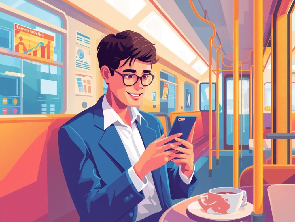 スマホで投資ニュースをチェックする初心者のイラスト