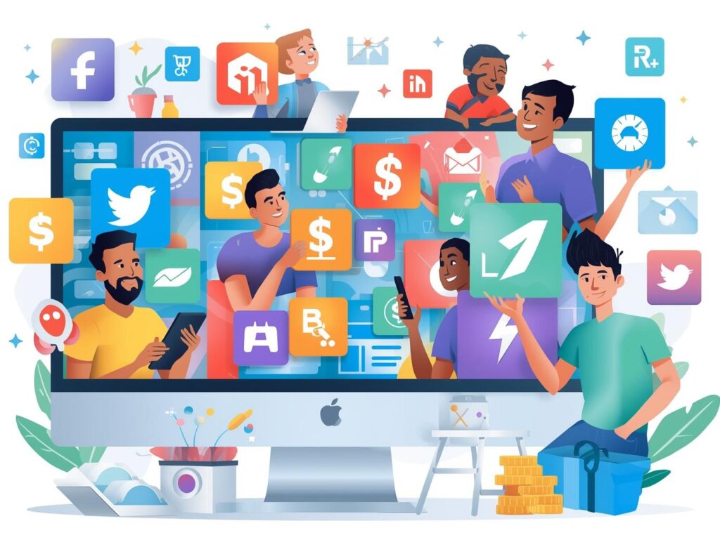 投資学習に使えるサイトやアプリを操作するイラスト