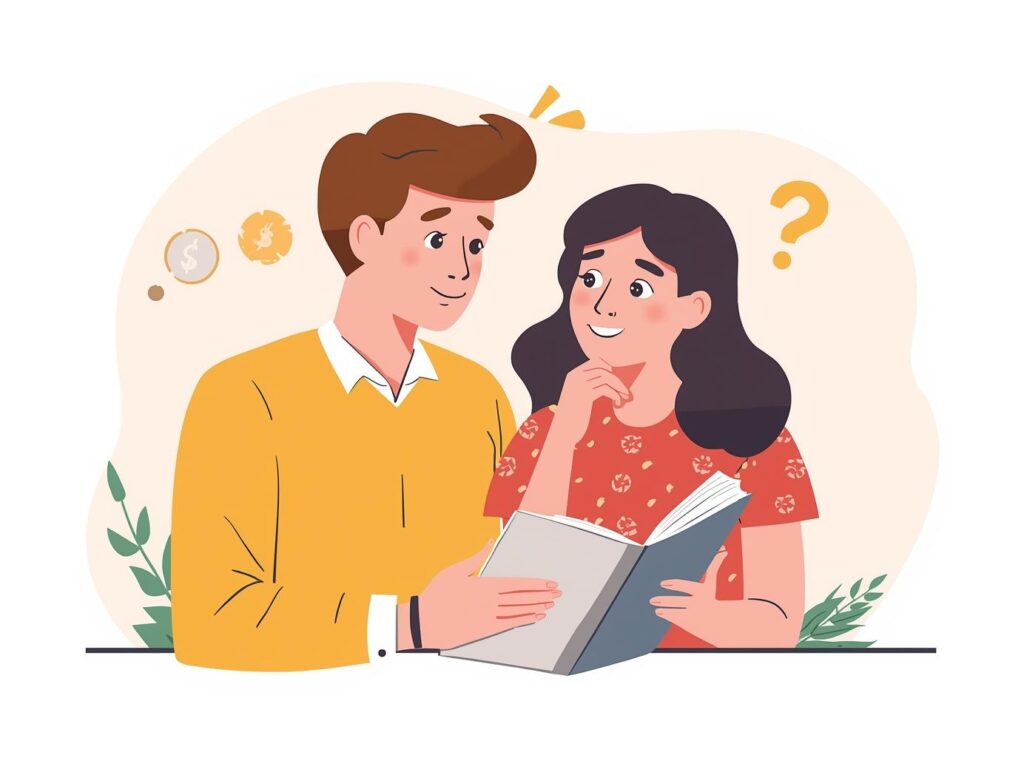 家計簿を見ながら節約プランを考える若い男女のイラスト