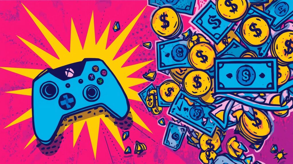 ゲーム感覚で投資や節約を楽しむイメージイラスト