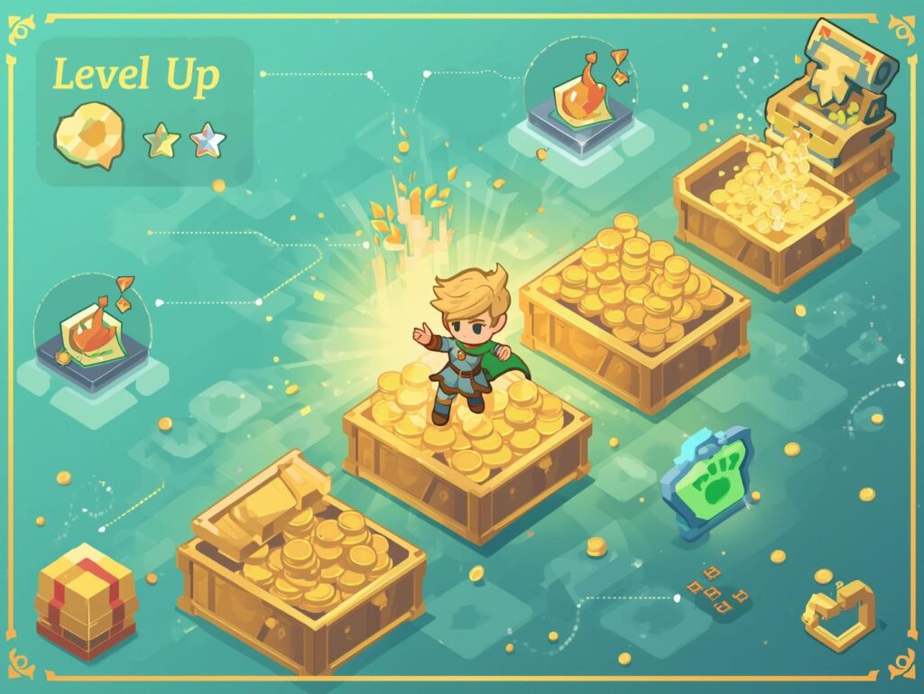 投資や節約をゲームのレベルアップに例えたイメージ