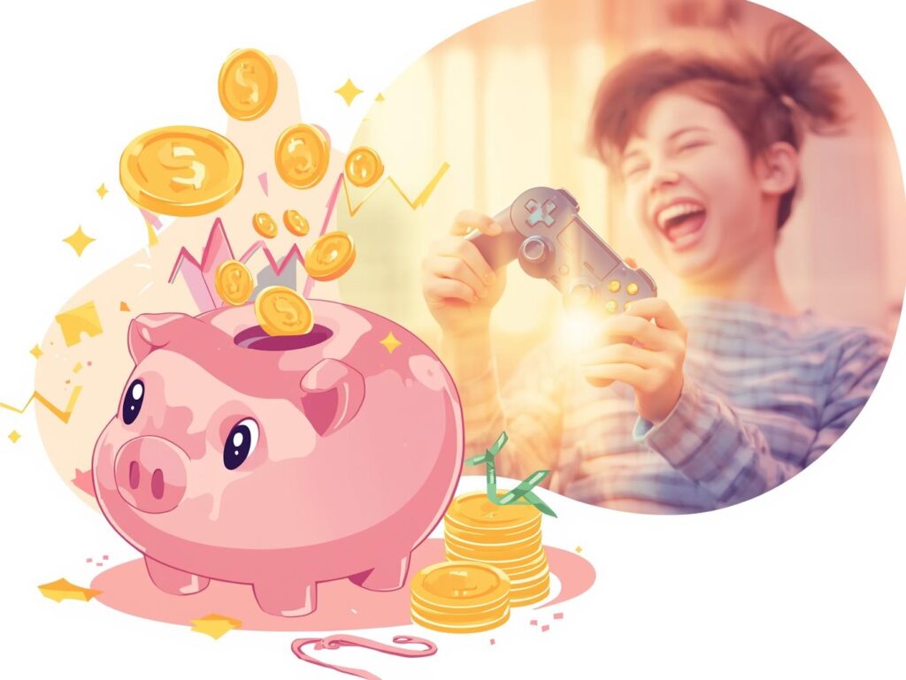 課金を我慢して未来の資産SSRを育てるイラスト