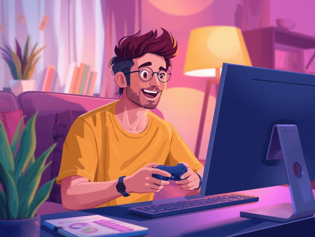 ゲームを楽しみながら少額投資を始めるゲーマーのイラスト