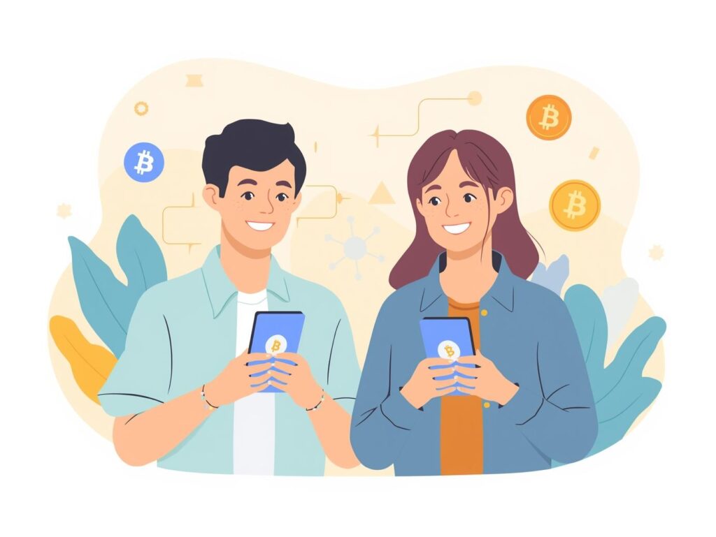 スマホで仮想通貨アプリを操作する初心者のイラスト