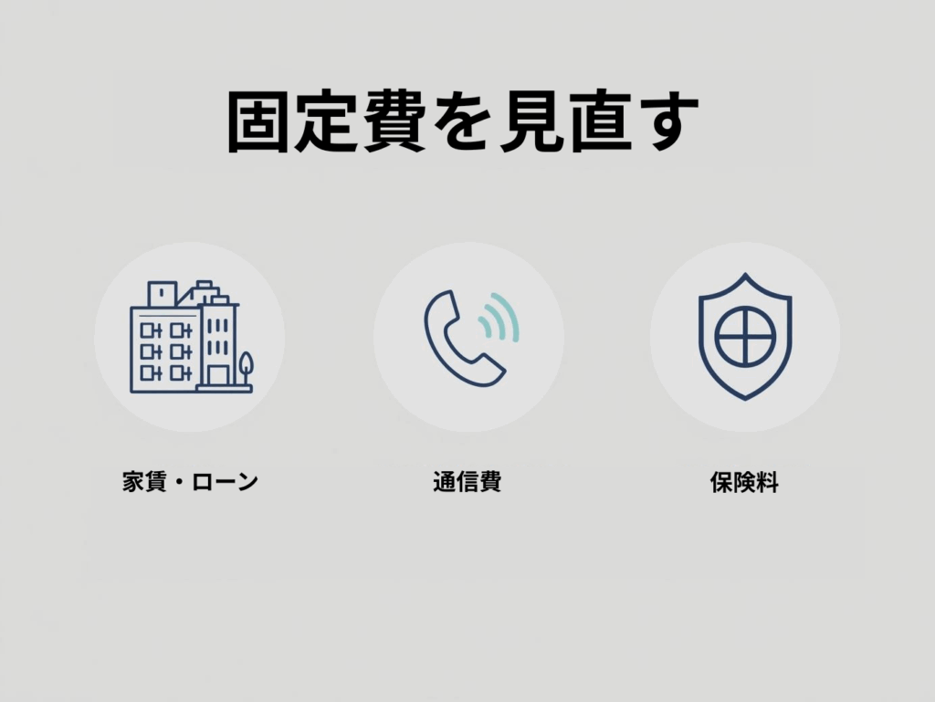 家賃や通信費、保険料など代表的な固定費のイメージ