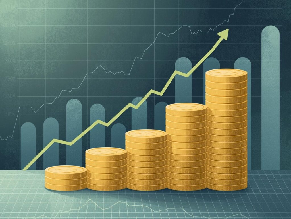 積み上がるコインと安定した成長グラフのイラスト