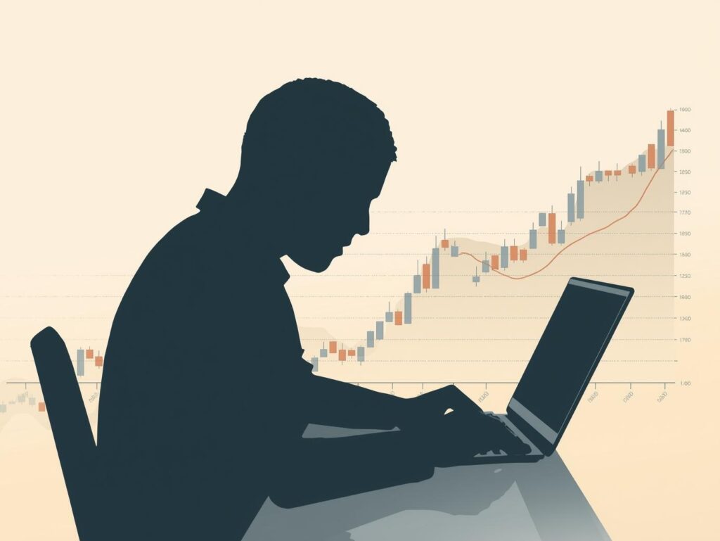 冷静にチャートを見つめるトレーダーのシルエットイラスト