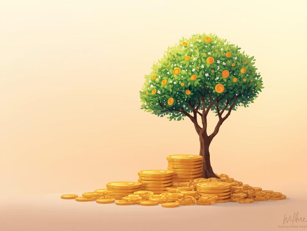 小さなコインが積み重なり、大きな木に育つ資産形成のイラスト