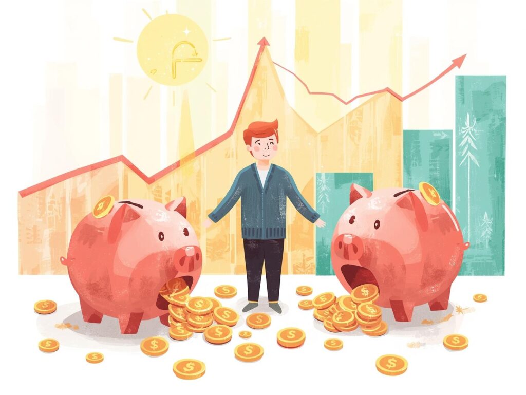 初心者向け投資のイメージ、貯金箱とコインのイラスト