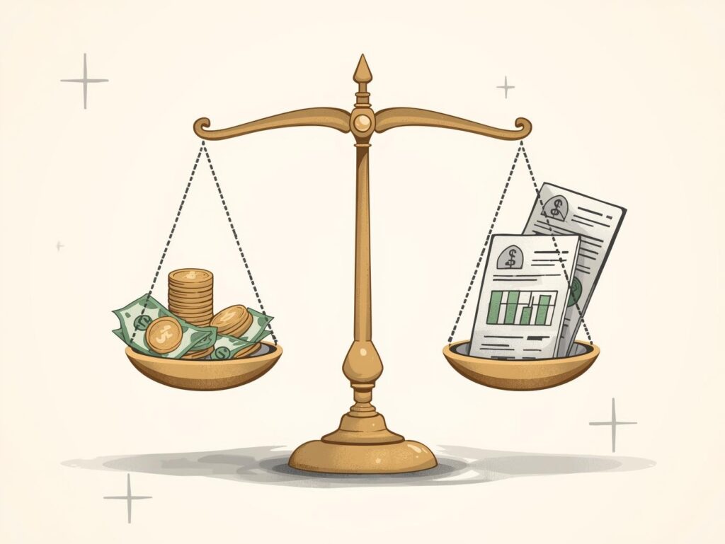 資金管理の重要性を表す天秤にのせたお金と書類のイラスト
