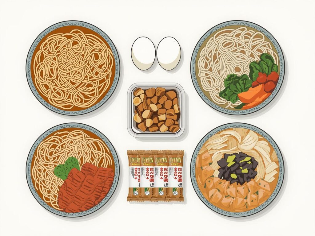 一人暮らし向けの節約食材が並ぶイラスト(冷凍うどん・卵・納豆・栄養バー)