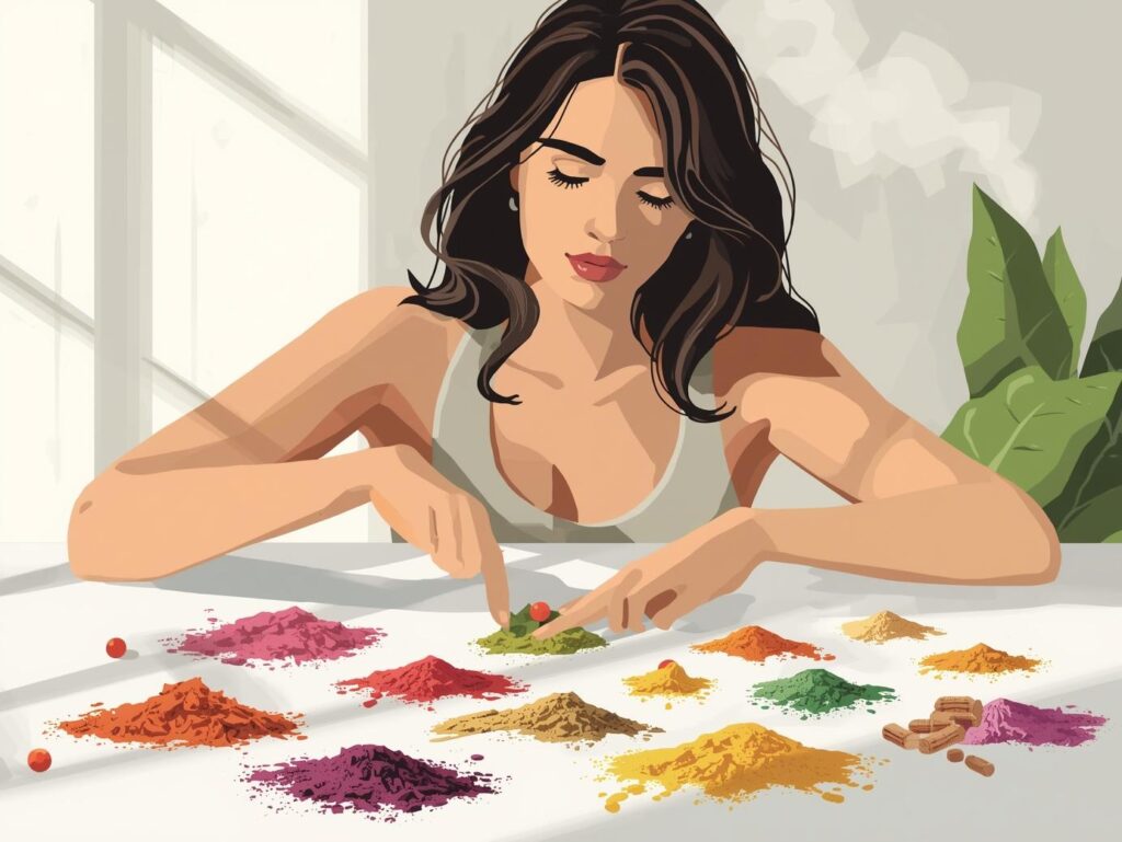 サプリで野菜や栄養を補う女性のイラスト