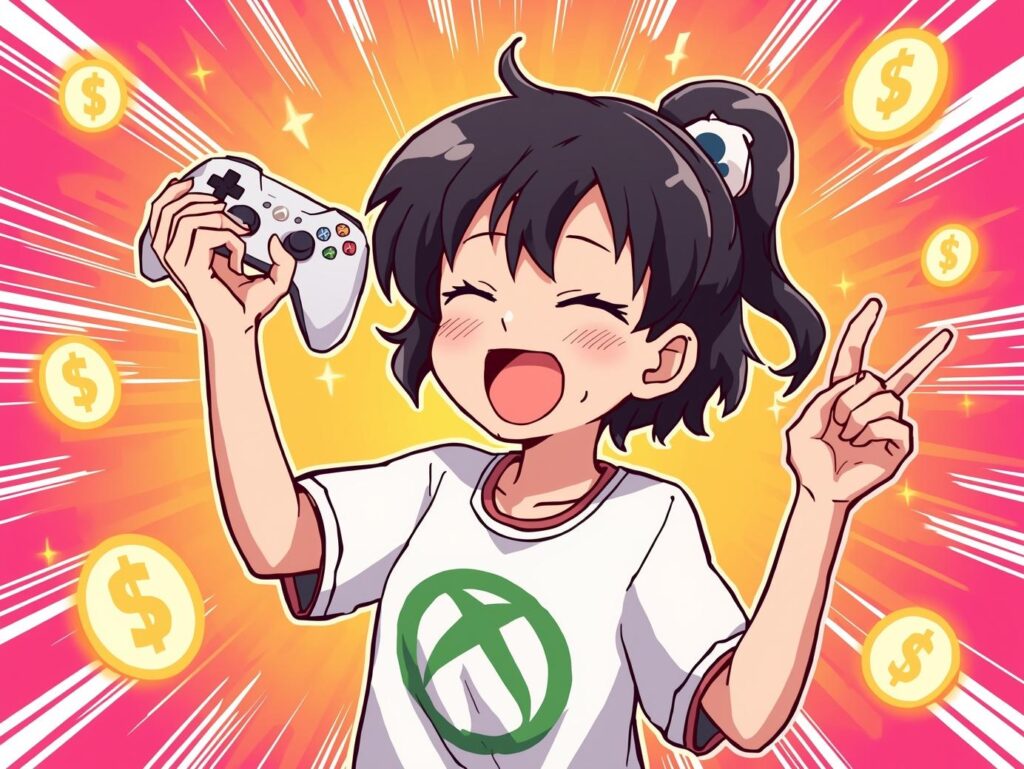 「Xboxリワードで遊びながらポイントを貯めて節約するイメージイラスト」