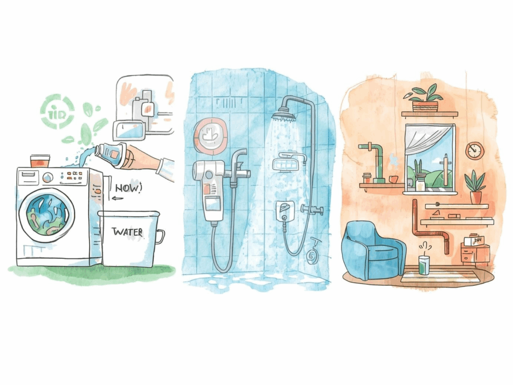 お風呂の残り湯を洗濯機に使い、シャワーの節水をしているイラスト