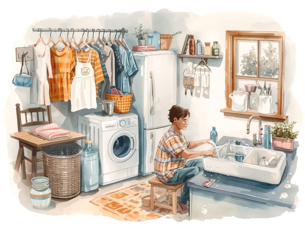 まとめ洗いの洗濯や節水しながら食器を洗う家庭のイラスト