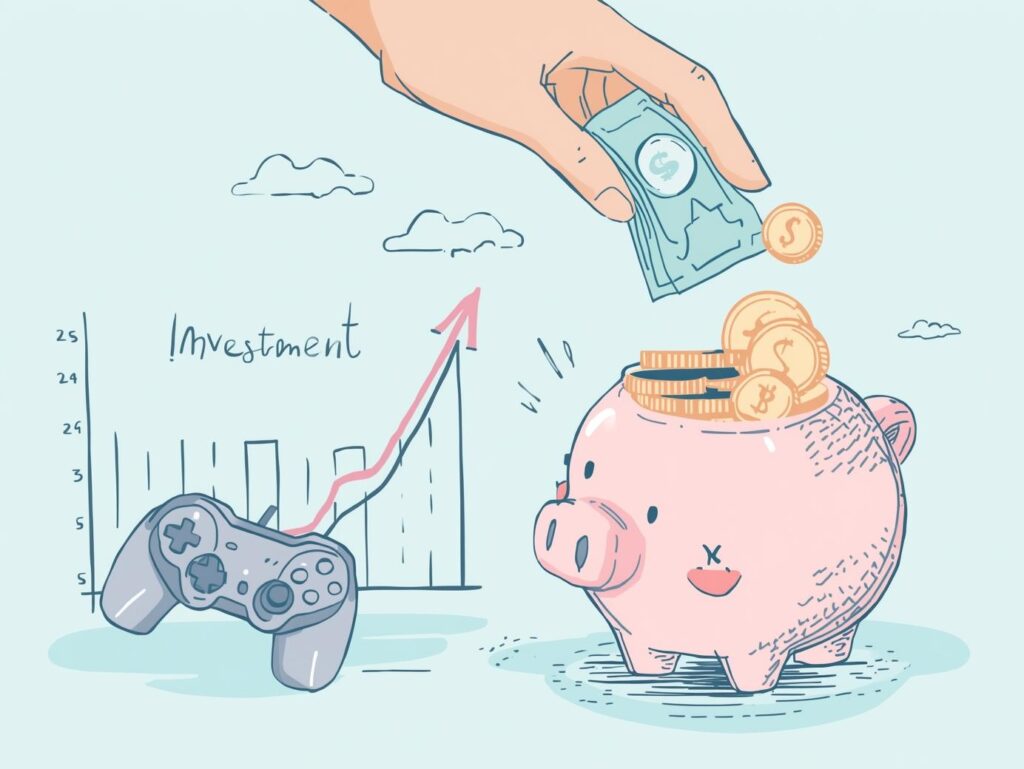 貯金箱から投資や趣味にお金を回すイラスト