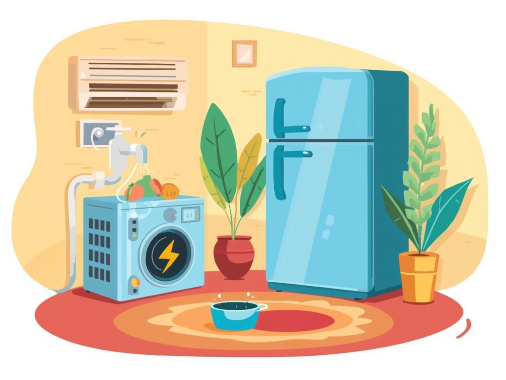 エアコンや冷蔵庫、スイッチ付きタップで電源をオフにする節電イメージのイラスト