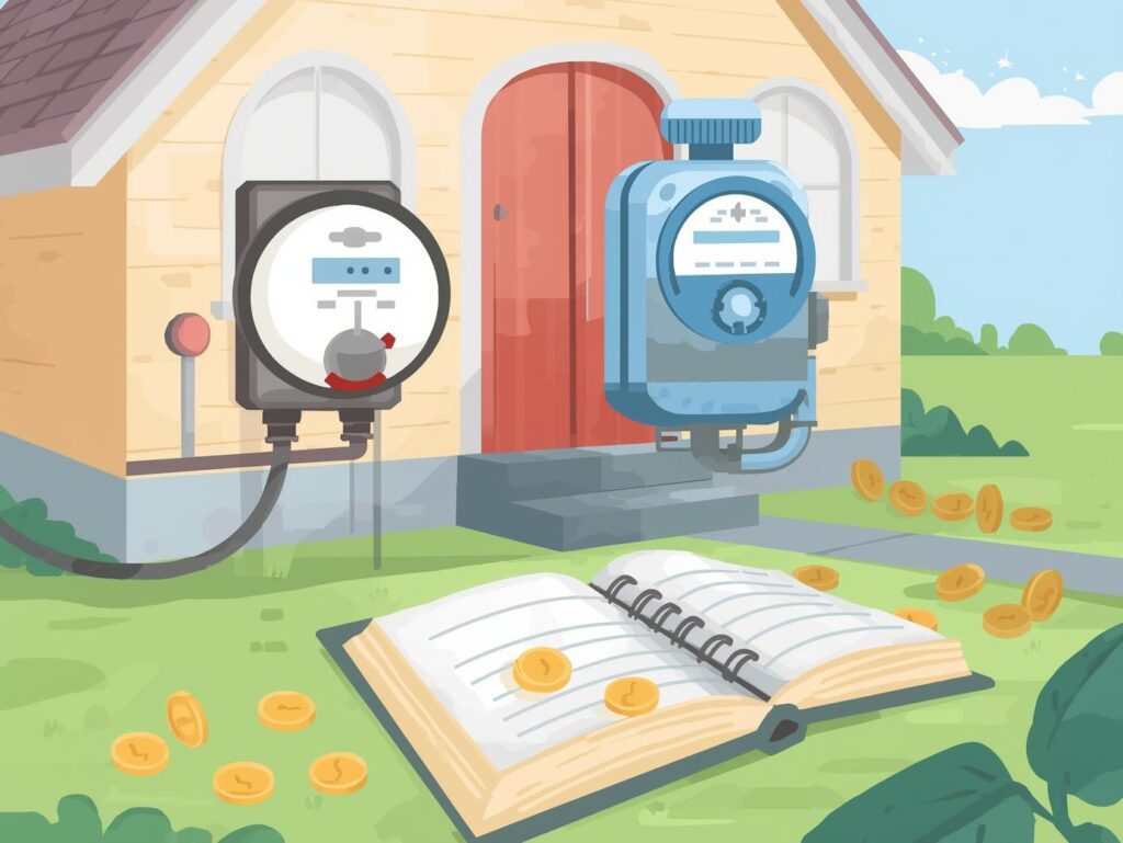 家の前にある電気・ガスメーターと家計簿、光熱費節約をイメージしたイラスト